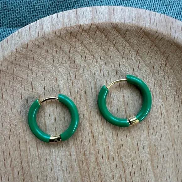 Green Enamel Hoop Earrings with Gold Accents - Picture 2 of 5